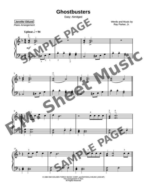 Ghostbusters (Easy Piano) By Ray Parker Jr. F.M. Sheet Music Pop